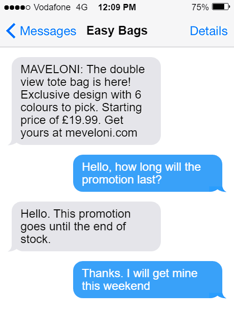 product launch conversation about new bag. Client ask about promotion