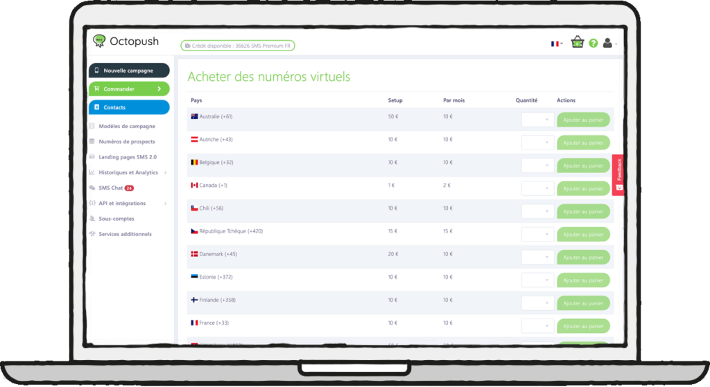 numéro virtuel par pays plateforme Octopush